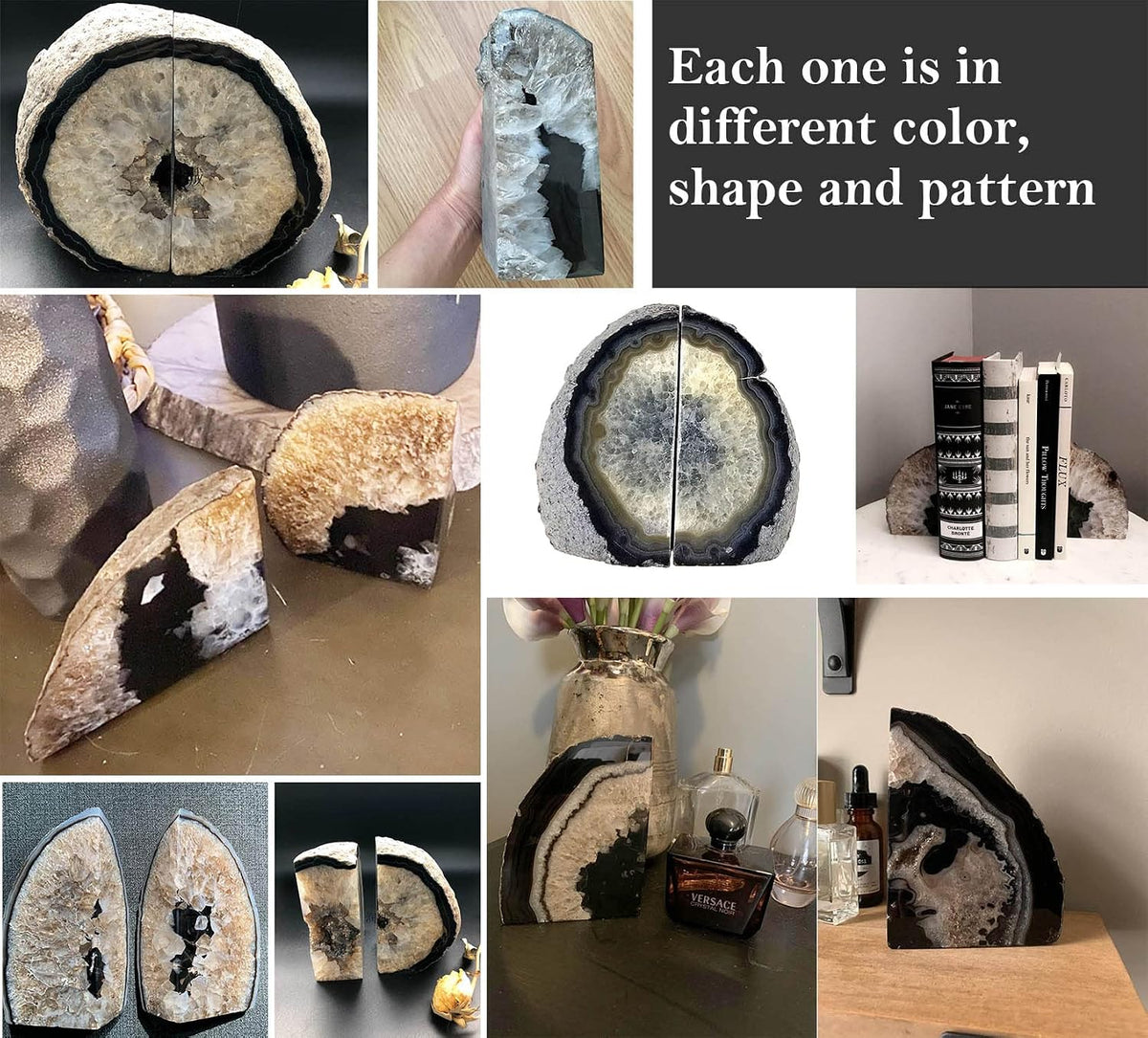 Agate Geode Bookends Heavy Duty Natural Crystal Stone Book Holders Decor
