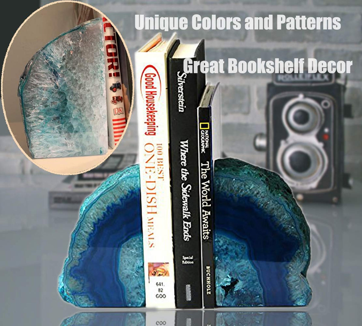 AMOYSTONE Crystal Bookends Decorative Agate Book Ends Holder Geode Bookend He...