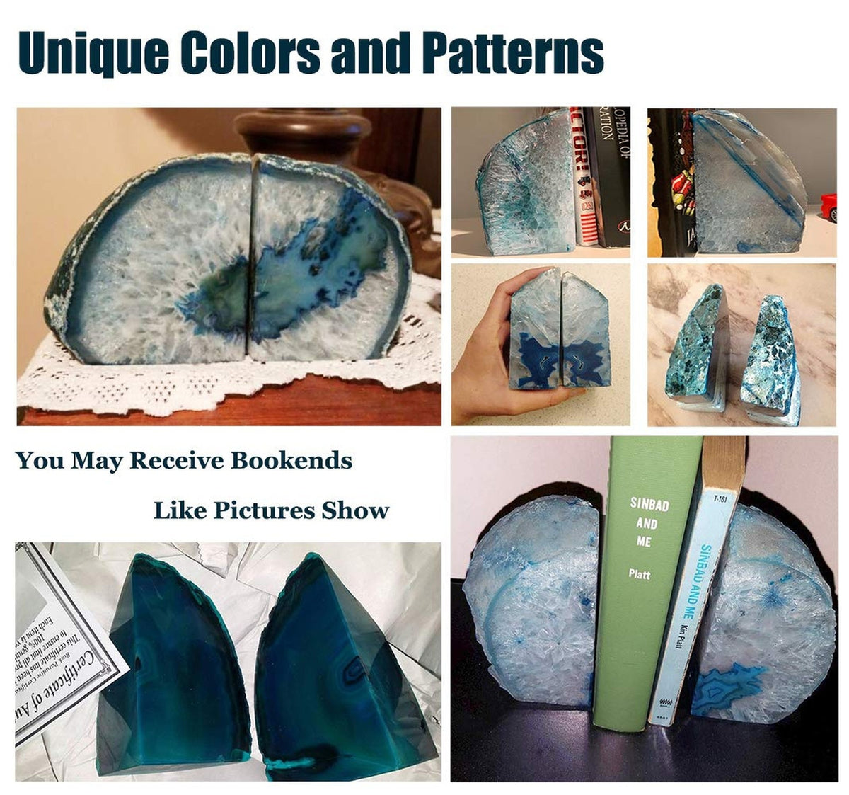 AMOYSTONE Crystal Bookends Decorative Agate Book Ends Holder Geode Bookend He...